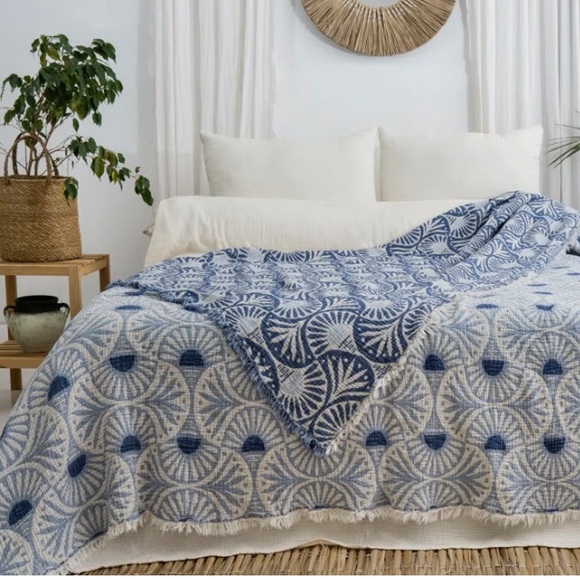 KING Periwinkle MCM Ginkgo Bedspread Organic Cotton 2 Side Loom Weave NEW - Picture 11 of 15